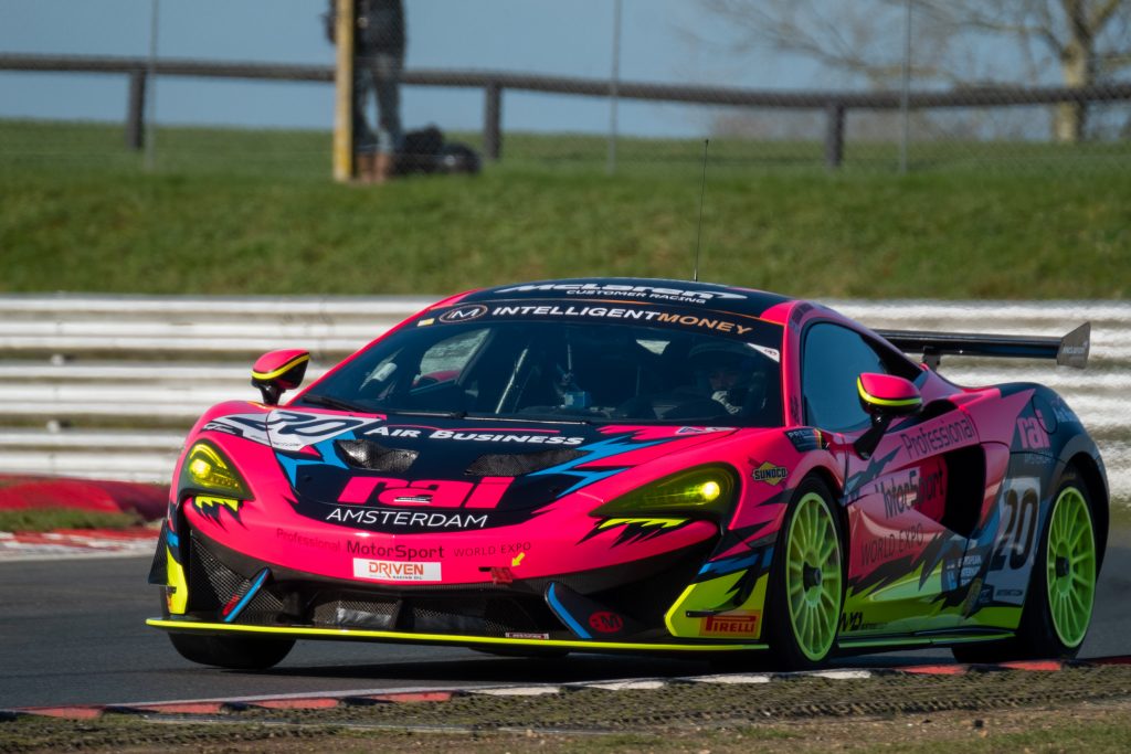 The McLaren 570S GT4 of Graham Johnson (GBR) and Michael O'Brien (GBR) run by Balfe Motorsport at Nelson on the Snetterton 300 Circuit during Media Day ahead of the 2020 Intelligent Money British GT Championship season.