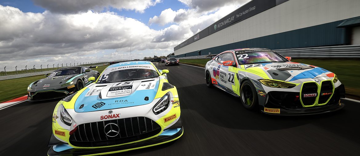 The RAM Racing Mercedes-AMG and Century Motorsport BMW M4 GT4 at the Media Day test at Donington Park.