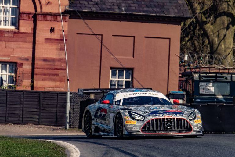 The #1 Mercedes-AMG GT3 EVO of 2 Seas Motorsport at Lodge Corner at Oulton Park.