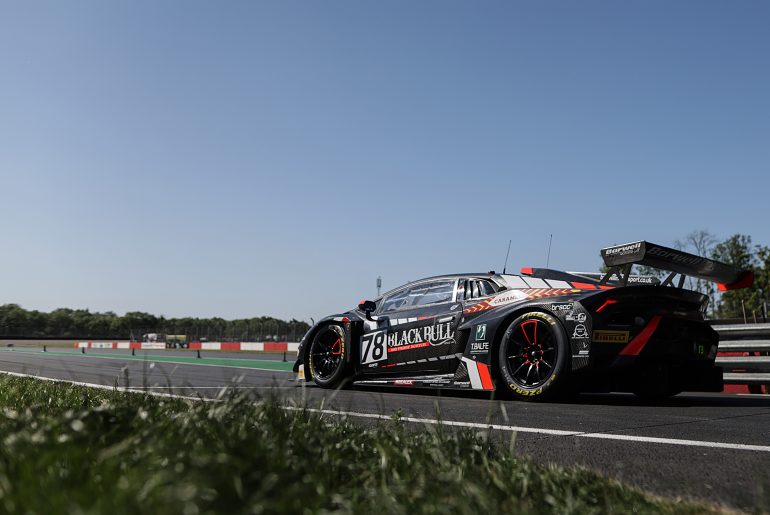 Sandy Mitchell and Shaun Balfe's Lamborghini which topped qualifying at Donington Park today.