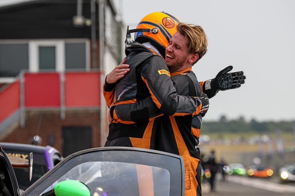 Freddie Tomlinson and Stuart Middleton celebrate their debut victory in British GT at Snetterton.
