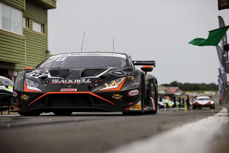 Barwell Motorsport's Lamborghini Huracan GT3 EVO in the pit lane at Snetterton