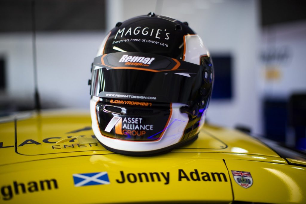 Jonny Adam will auction his British GT helmet for Maggies, the cancer charity. 